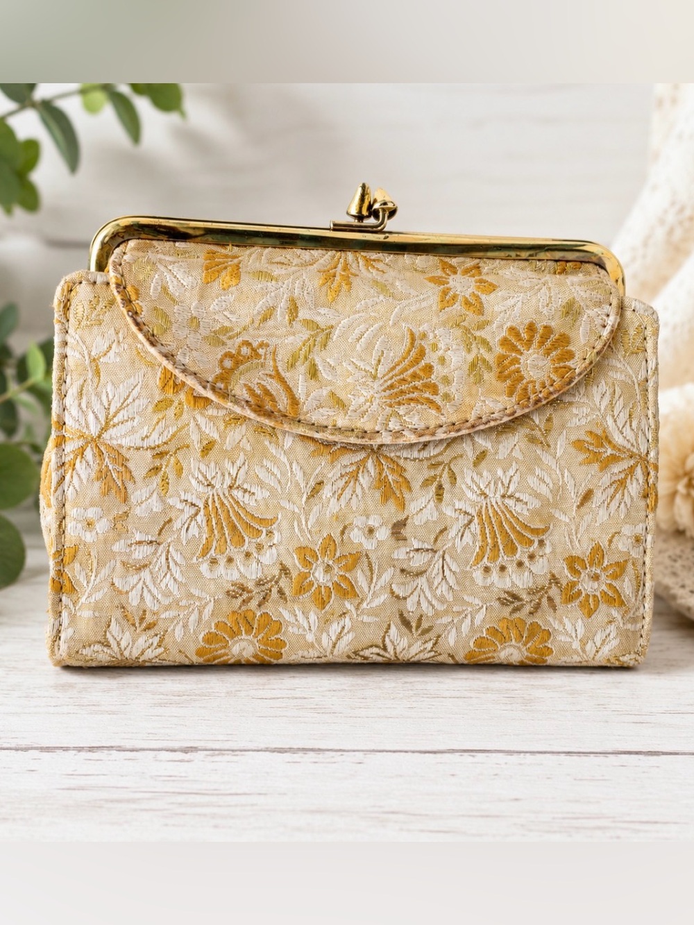Vintage Mid-Century Metallic Gold Floral Brocade Trifold Wallet Clutch